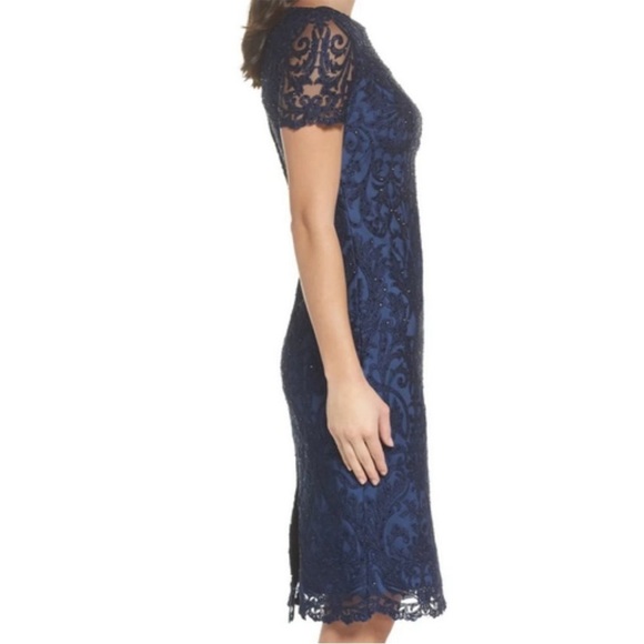 La Femme Beaded Lace Cocktail Navy Midi Dress - Picture 5 of 12